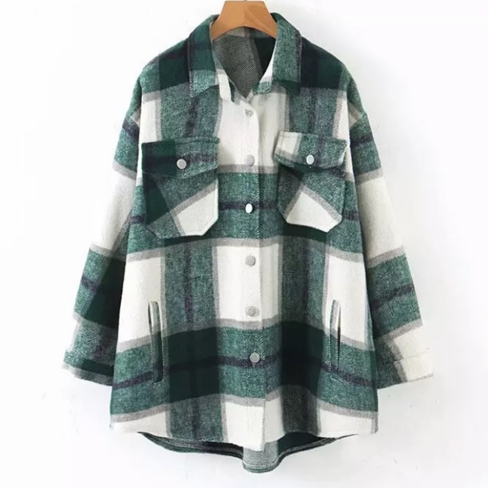 SOLD OUT Green Plaid Oversized Flannel Shacket Shirt Jacket - Picture 6 of 11